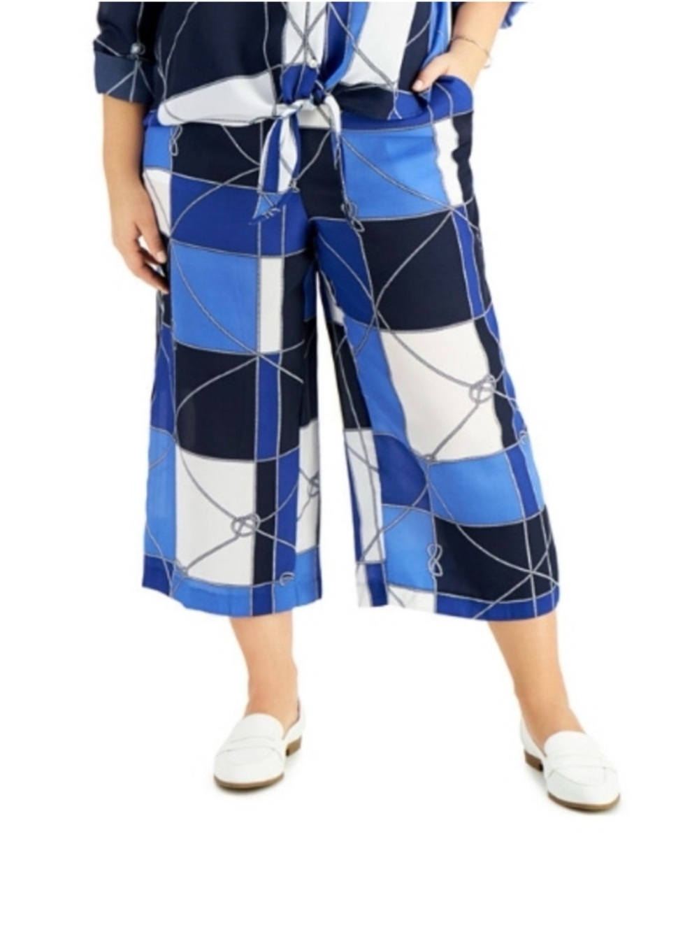 Charters Club Blue Geometric Print Wide-Leg Cropped Pants